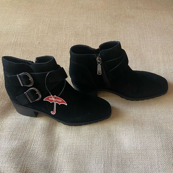 Sway Waterproof Bootie Black Suede Boots with Double Buckles Sz 6 - Picture 5 of 12